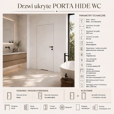 Zestaw Drzwi ukryte + Ościeżnica Porta HIDE WC Bezprzylgowe (otwierane na zewnątrz) Lewe 80cm płyta, SPA1110L08LBPWAYV0O000, OPA100LL080000AN300000