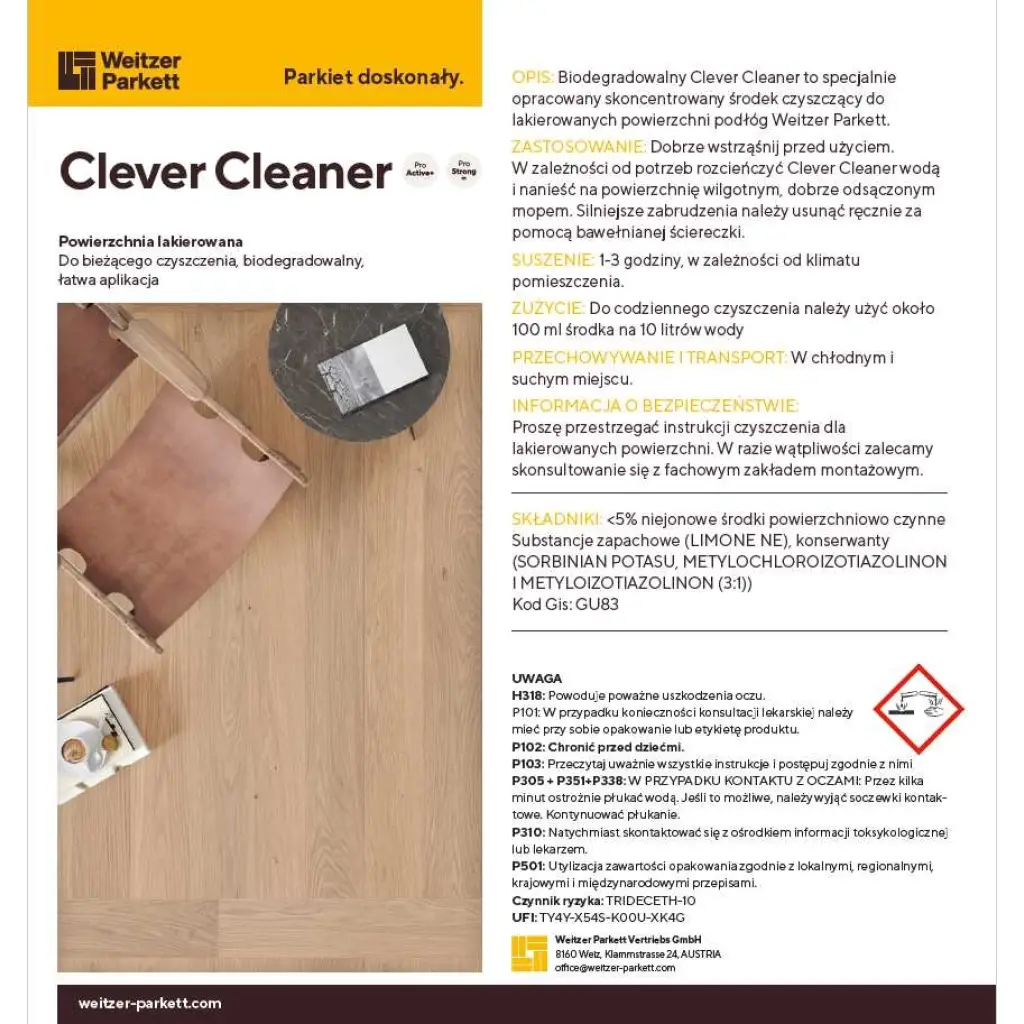 Płyn CLEVER CLEANER do podłóg lakierowanych 1L, 19280, Płyn, Środki czystości, Weitzer Parkett