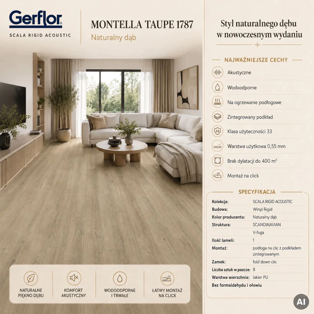 Panele winylowe Montella Taupe Klasa 33 5.5 mm, 61411787, Panele winylowe, Gerflor