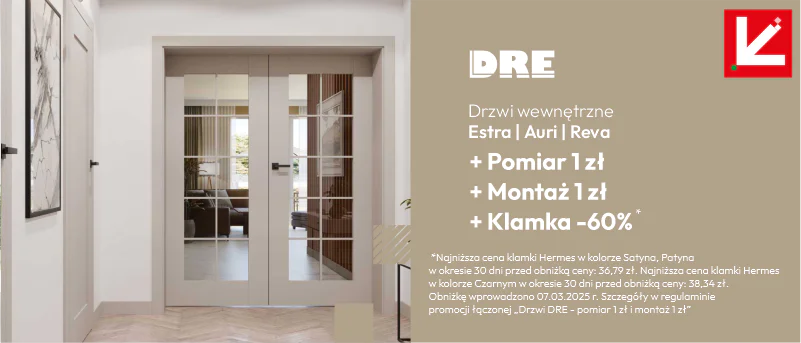 Promocja na drzwi DRE + pomiar 1zł + montaż 1zł + klamka